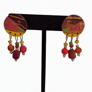 Vintage 80s Hand-Painted Wood Beaded Dangle Earrings